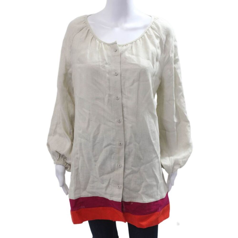 Casa Raki Women Boho Tunic Blouse Beige Button Long Sleeve Linen Size S